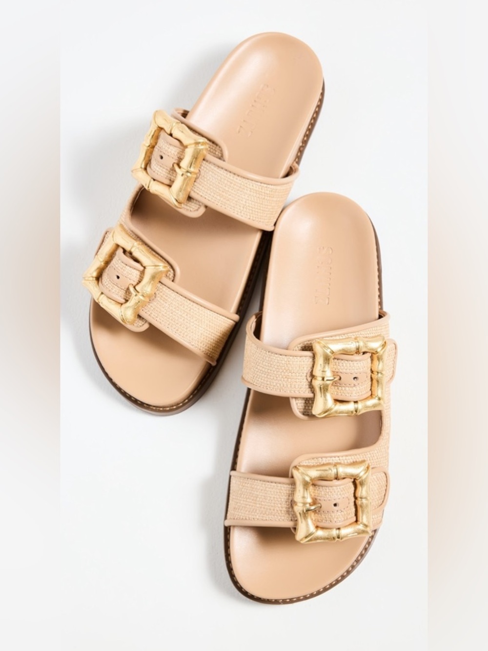 Schutz Enola Strappy Flat Slides – Areia/Light Wood